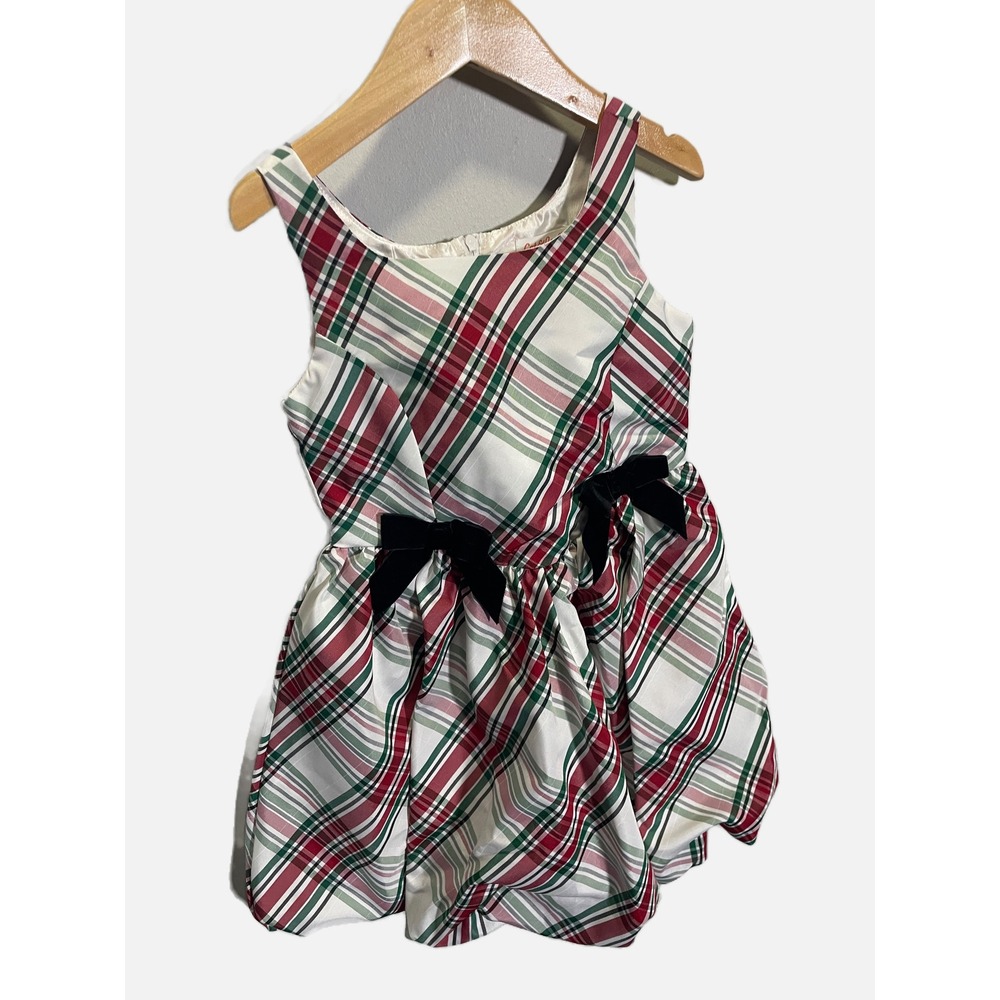 Cat & Jack Plaid Dress Girls XS 4/5 Red Green White Velvet Bow Holiday Christmas